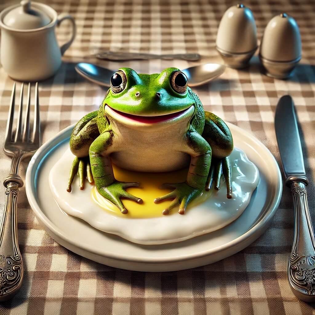 AI-generated image of a frog on a plate, with cutlery around it